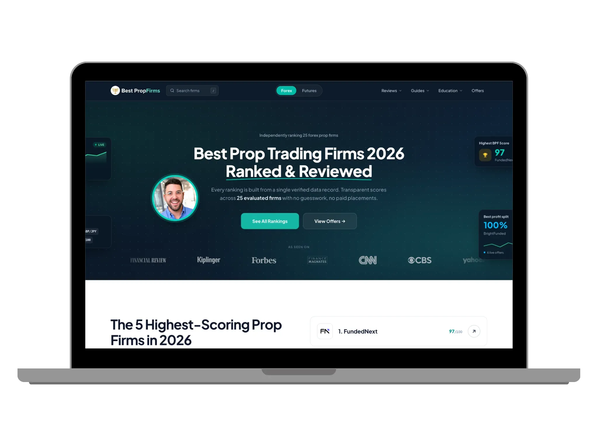 The BestPropFirms ranking open on a laptop, showing the scored prop firms comparison table